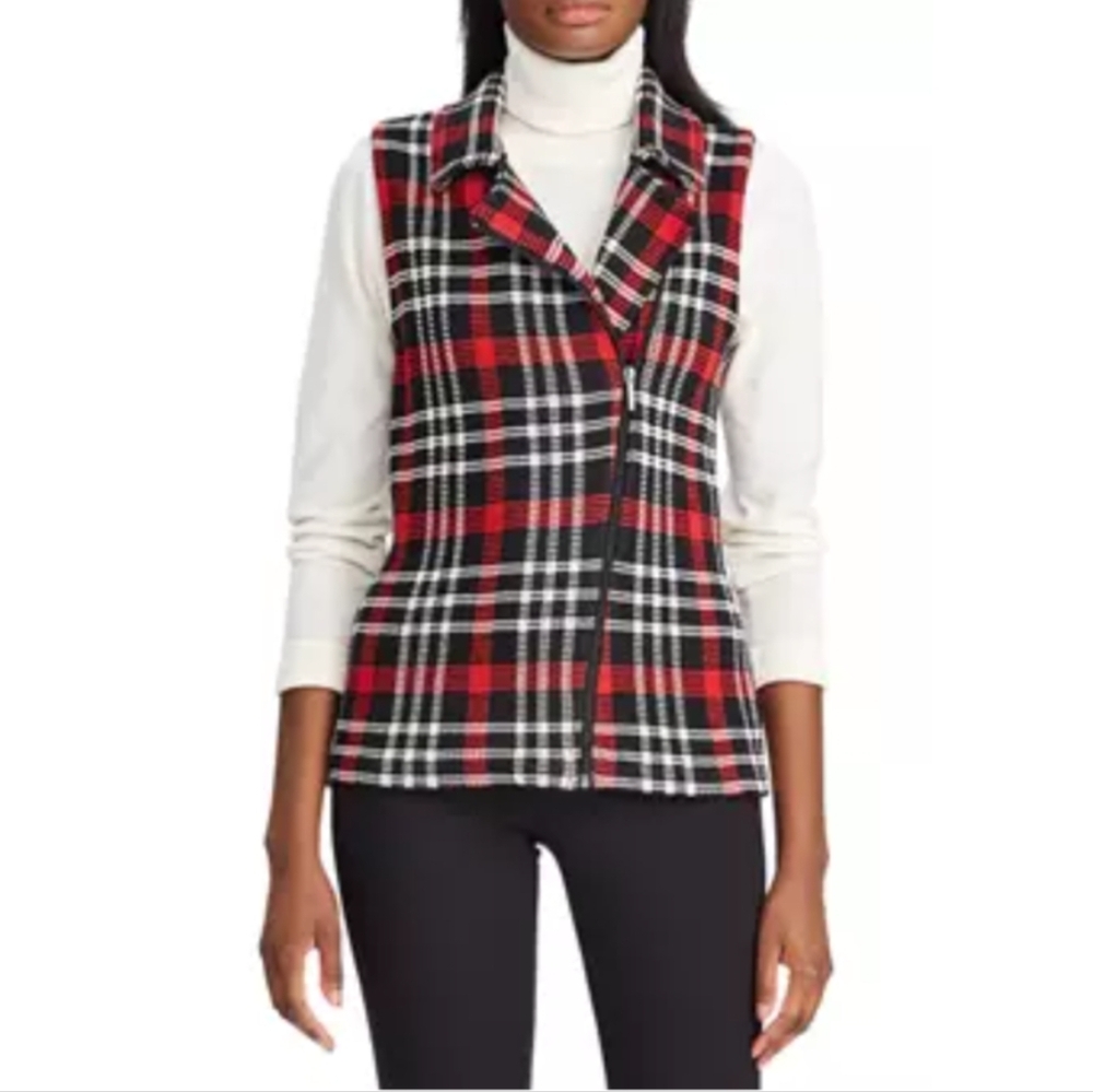 CHAPS Plaid Cotton Zip Up Vest Size Large Red Black White Moto Zip